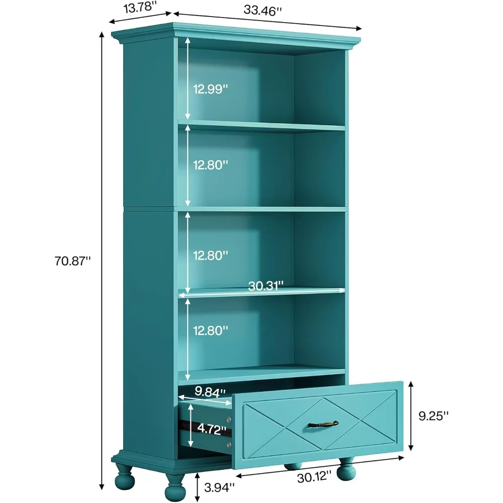 خزانة كتب على الأرض بطول 71 بوصة مكونة من 6 أرفف مع درج وأرجل من الخشب الصلب لعرض تخزين مفتوح كبير #2