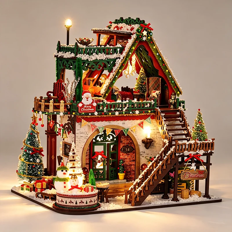 Christmas DIY Miniature Scene Wooden Assembled Dollhouse Festive Pretend Play Toy Holiday Gift for Kids & Craft Enthusiasts