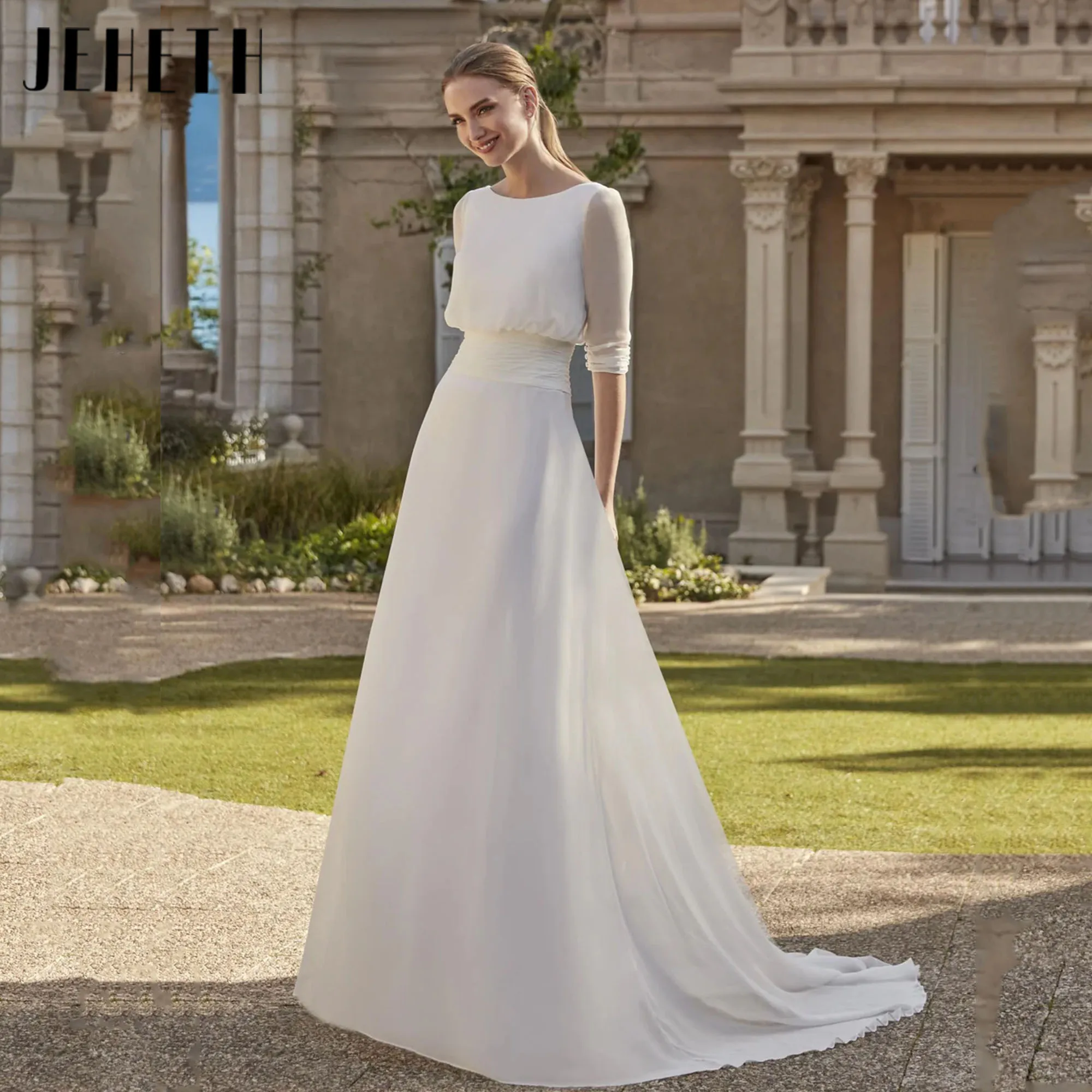 

Boho Beach Wedding Dresses Charming Holy Simple Chiffon Vestidos De Novia Half Sleeves Customized Backless Bride Dress JEHETH