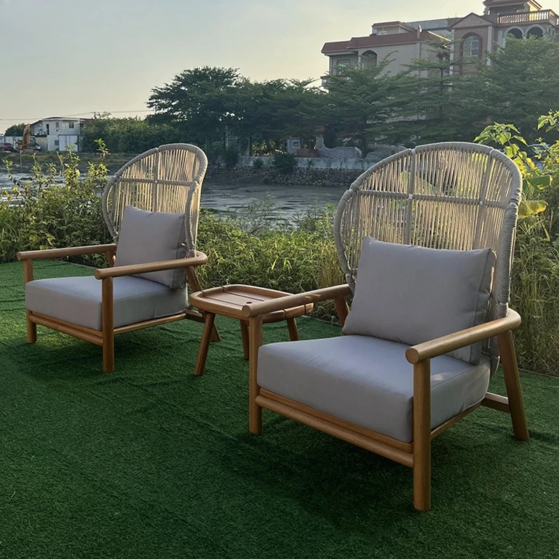 

Outdoor sofa courtyard sunscreen waterproof rope weaving leisure balcony rooftop solid wood single coffee table combination
