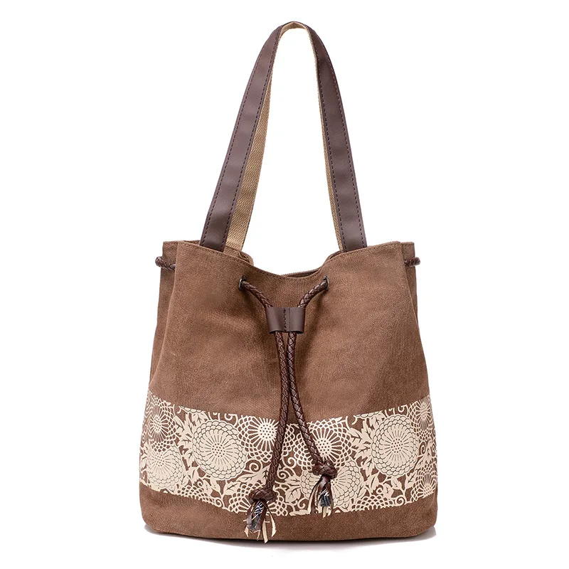Single shoulder forest women's drawstring new versatile ethnic style canvas bag dual-purpose retro printed bag