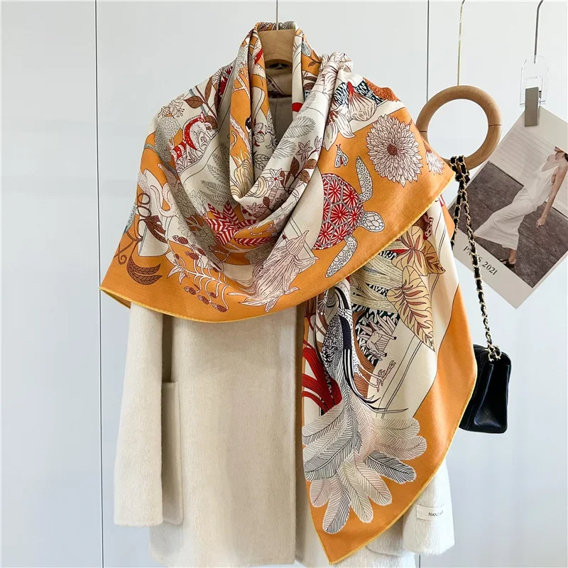 

Luxury Retro 2024 Versatile Silk Wool Square Scarf Double-sided Hand-curled Flower Fashion Shawl Silk Wool Scarf Women