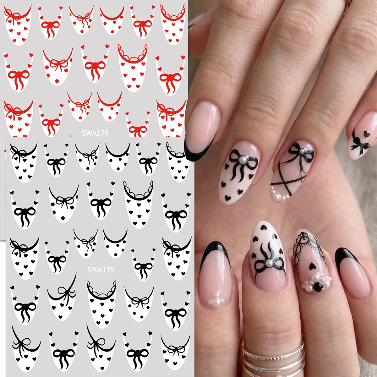 2Pcs Red Black French Bow Nail Stickers Set, Sweet Coquette Heart Polka Dot Decals for Women Daily Date Wedding DIY Manicure Art