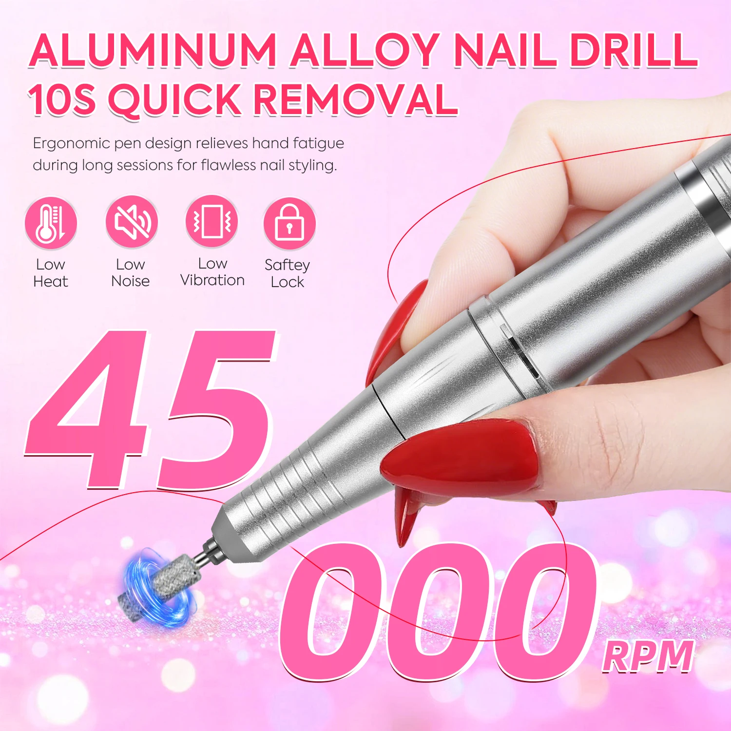 Perceuse à ongles électrique professionnelle, 45000 tr/min, Kit de perceuse à ongles Rechargeable avec perceuse à ongles à faible bruit pour outil d'art des ongles