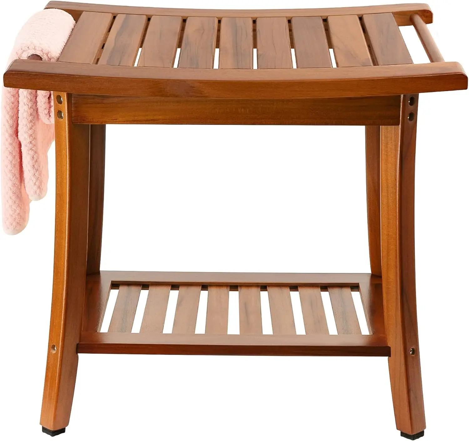 Teak Shower Bench Seat with Handles, Portable Wooden Spa Bathing Stool with Storage Towel Shelf