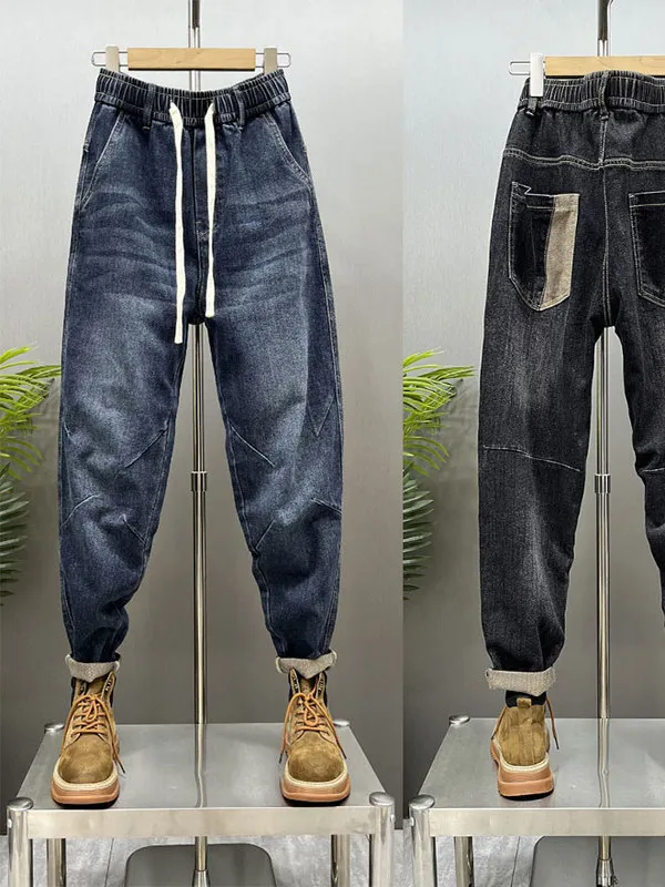 

Мужские повседневные облегающие джинсовые джинсы с эластичной резинкой на талии, молодежные свободные удобные длинные брюки Харлан, осень-зима, модный тренд