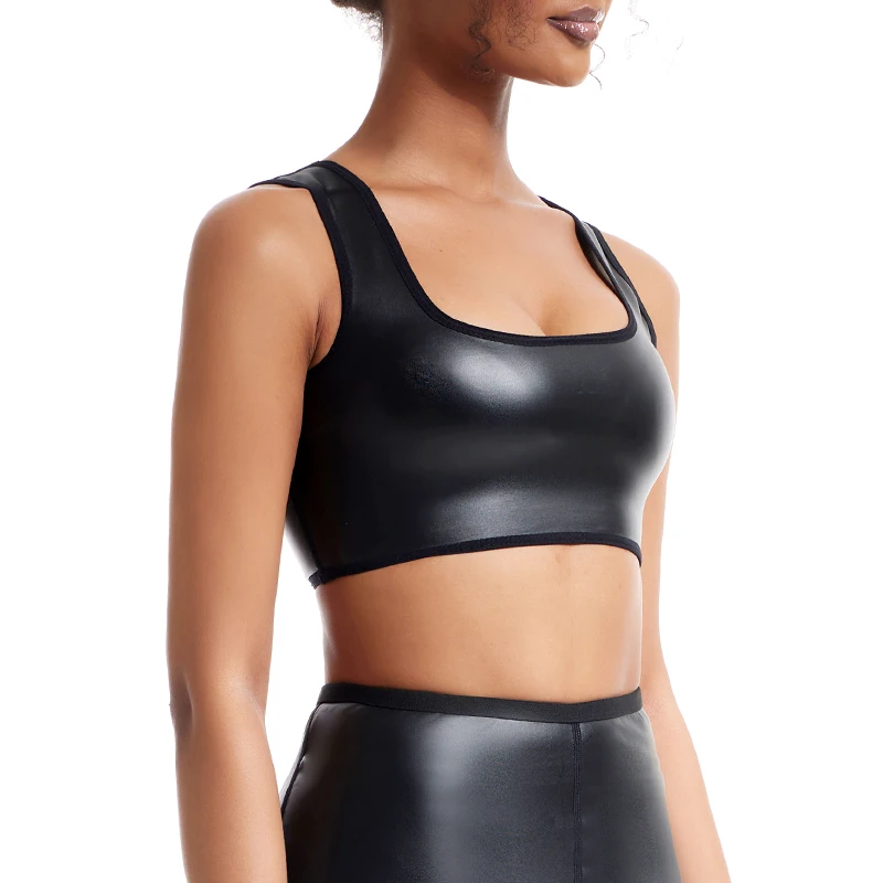 Women Faux Leather U Neck Solid Sleeveless Camisole Crop Tank Top Waist Trainer Body Shaper Slim Shirt Sports Shapewear Sexy Bra