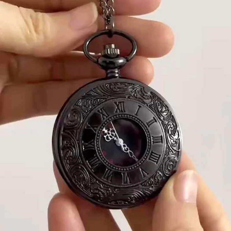 Vintage Cao Cấp Thạch Anh Đen Đồng Hồ Bỏ Túi Cho Nam Khắc Ốp Lưng Số La Mã Fob Dây Chuyền Vòng Cổ Đồng Hồ Cho Bộ Sưu Tập Quà Tặng