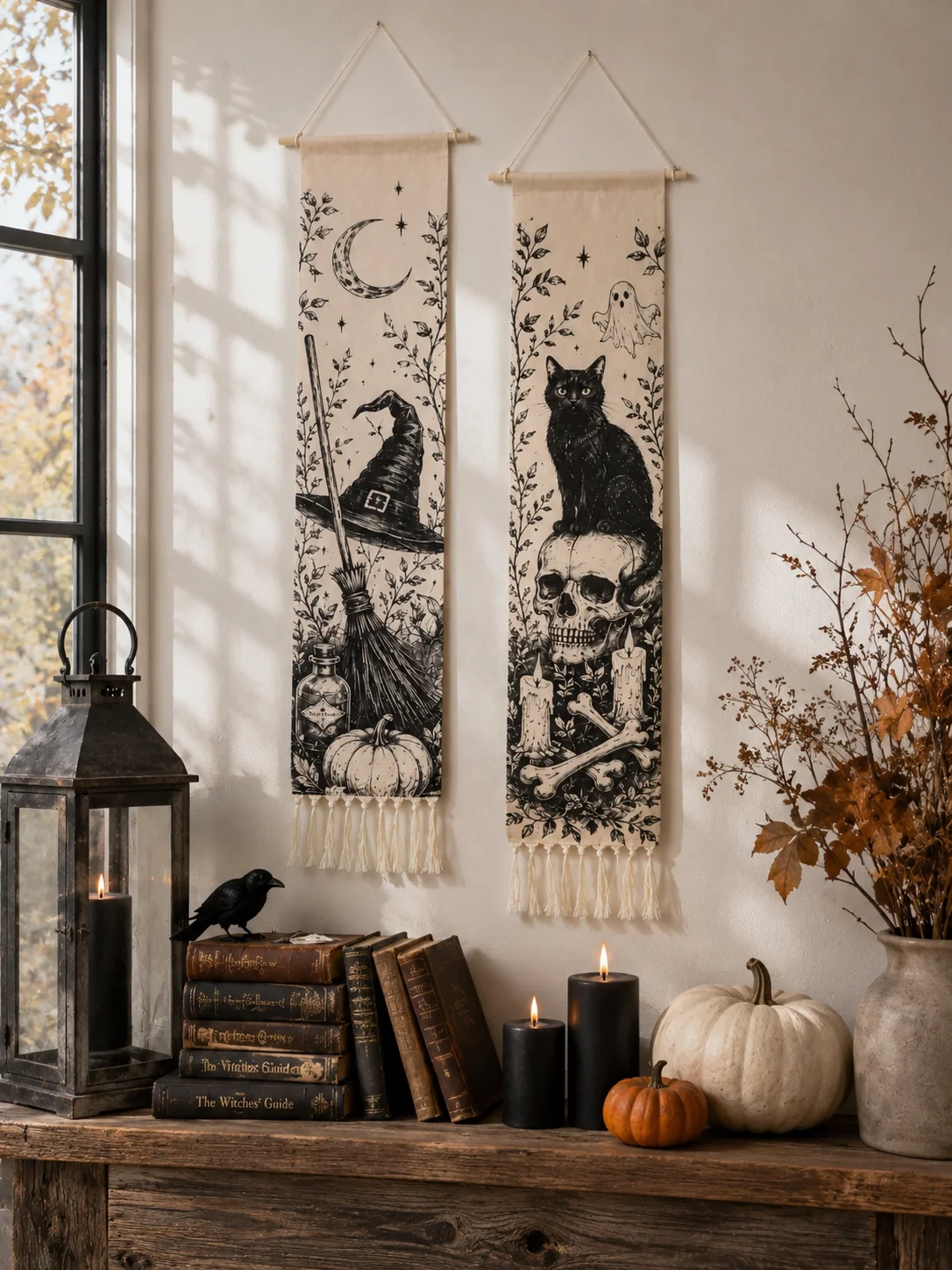 Halloween-Wandteppich mit Quasten, Gotische Hexe, Schwarze Katze, Krähe, Geisterhaus, Totenkopf-Druck, Vintage Grusel-Wandbehang Deko – Detail 21
