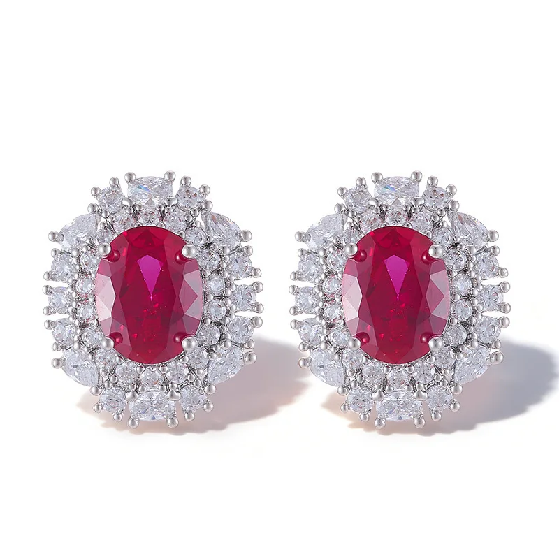 French Style Stud Earrings Oversize Oval Red Clear Zircon Delicate Charm Earrings for Women Fashion Female Party Ear Accessories
