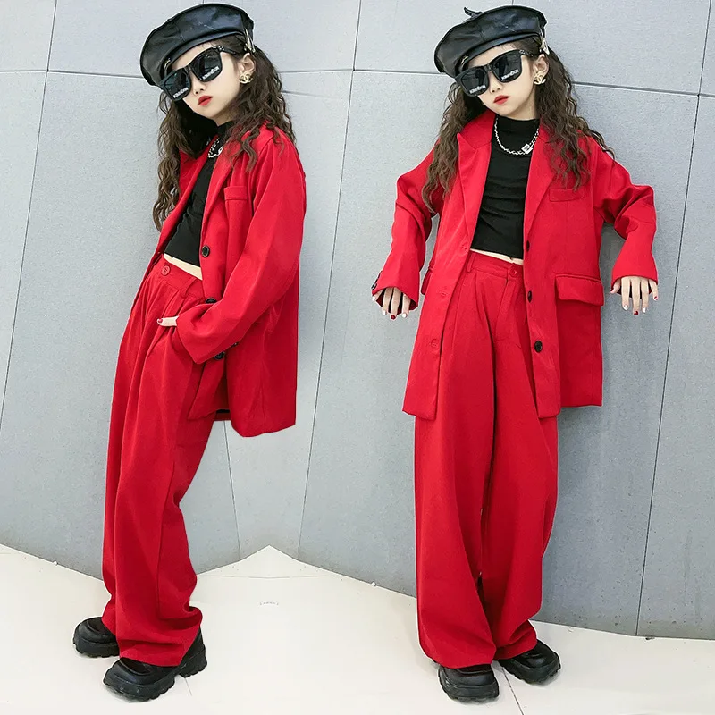 

Suit for Girls Red Loose Casual Blazer Wide Leg Pant Two Pieces Teenage Children's Outfits 12 13 14 Years Fashion Kid's Costume