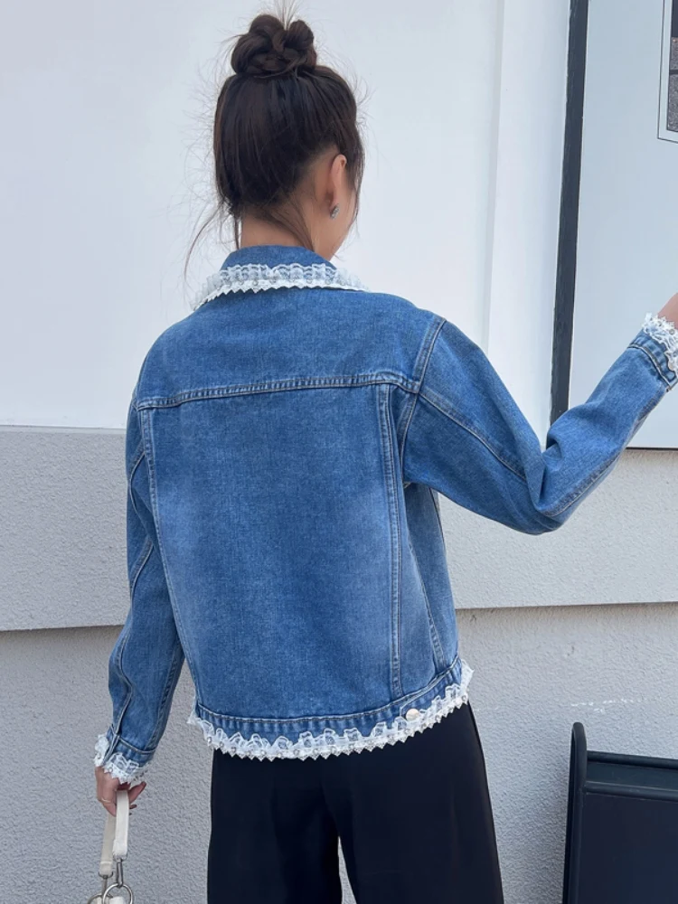 Spring Autumn Short Style Women's Denim Jacket Lace Trim Splicing Tag Removed Commute Style Straight Tube Long Sleeve Coat
