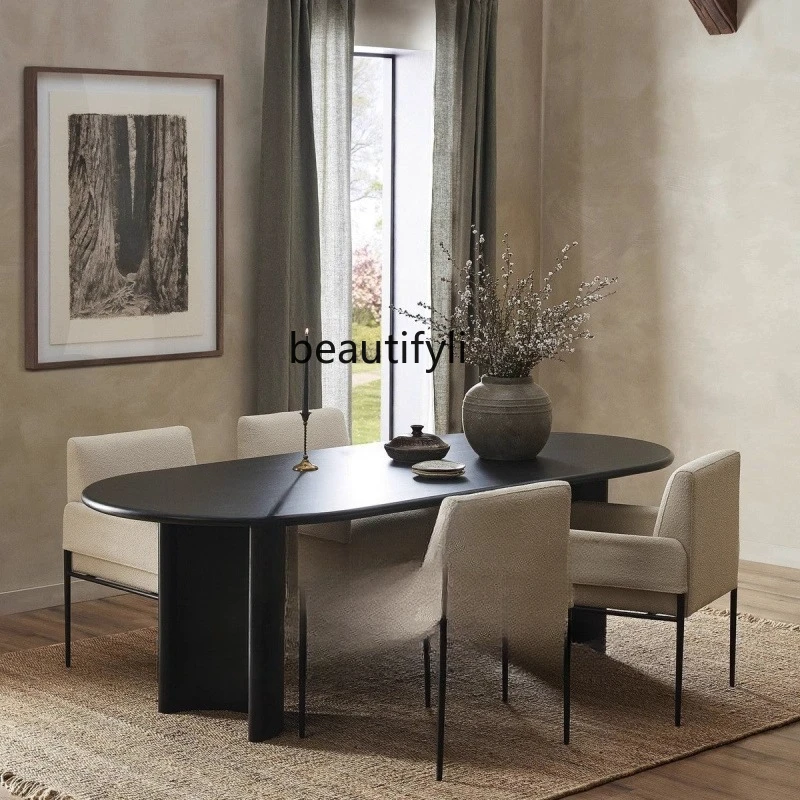 

French Minimalist Solid Wood Vintage Oval Dining Table Black Office Desk Homestay Household Dining Table