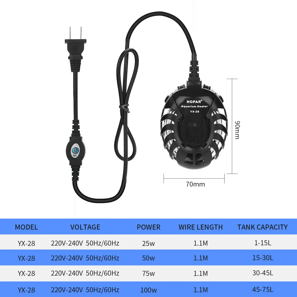 Aquarium Submersible Heater Fish Tank LCD Display Digital Adjustable Water Heating Rod Constant Temperature Control 100W