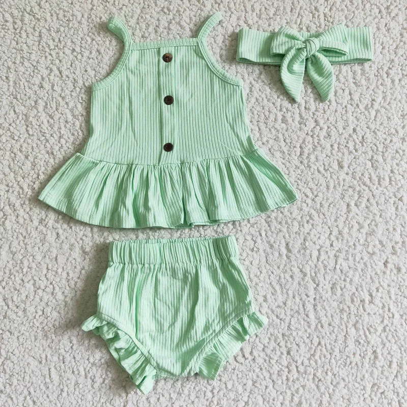 

RTS Toddler New Summer Cotton Green Summer Baby Girl Bummies Set 3pcs Clothes Set Wholesale Boutique Outfits Clothing