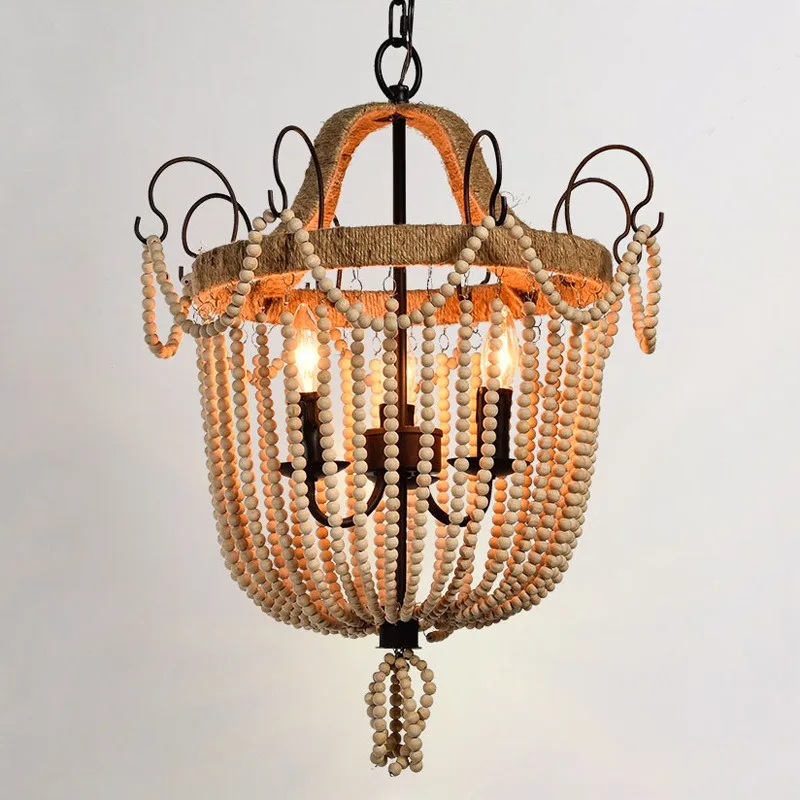 American style children's room princess lighting retro nostalgic hemp rope wooden bead bedroom chandelier