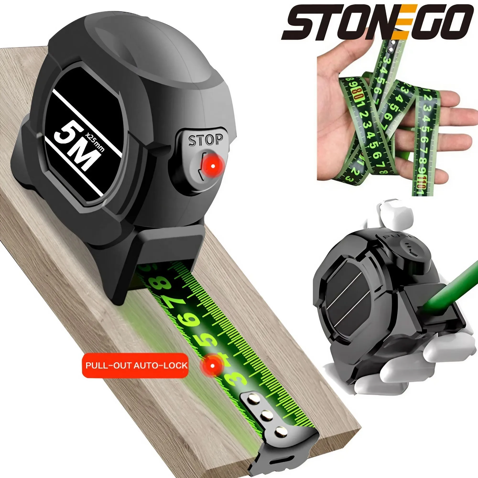 STONEGO Fluorescent Black Gold Steel Tape Measure 5/7.5/10M Drop Resistant Thickened High Precision Wear-resistant Self-locking