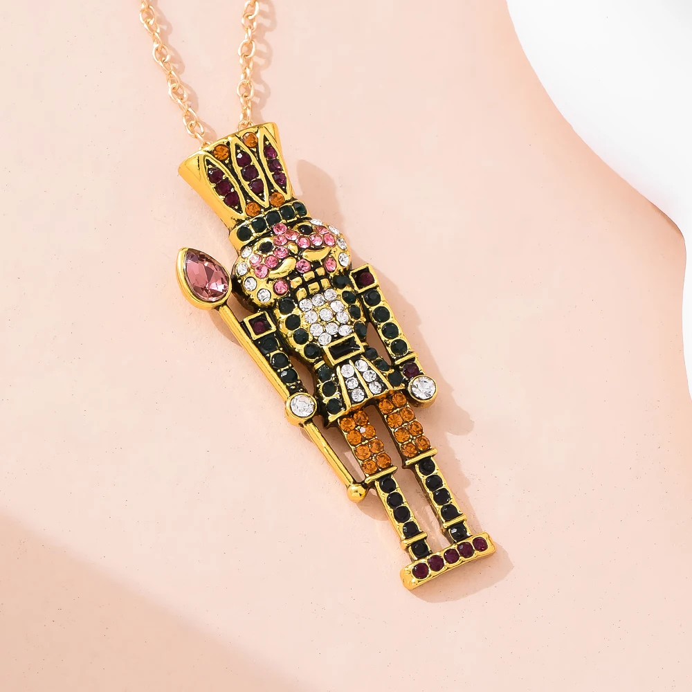 Vintage Nutcracker Pendant Christmas Necklace Inlaid Colorful Zircon Ballet Fans Jewelry Accessories Gift for Women