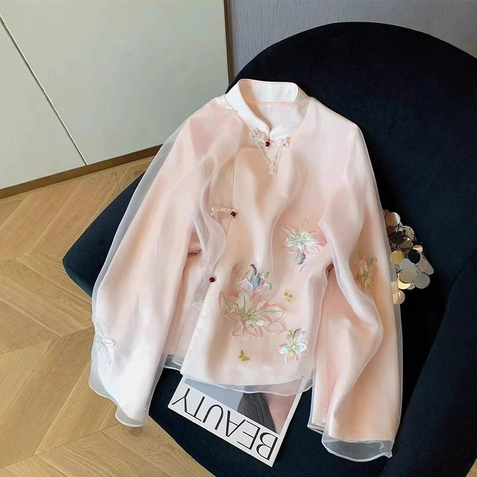 

2025 New Chinese Style Women's Pink Coat Elegant Embroidery Chiffon Top Long Sleeve Short Jacket Gentle Fairy Luxury Outerwear