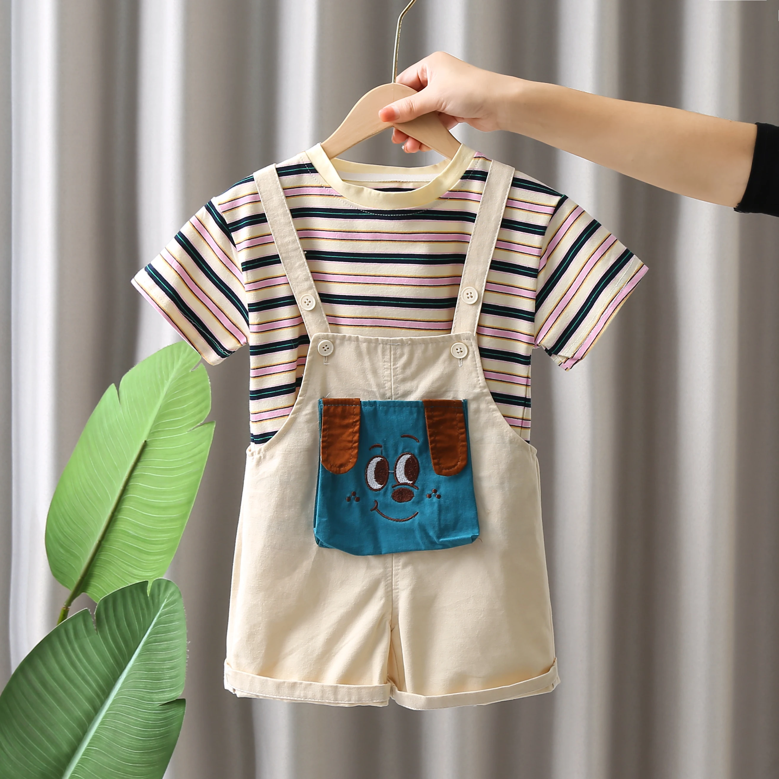 

Summer Kids Boys 2Pcs Clothing Set Toddler Casual Infant Striped T-Shirt Cartoon Print Bib Short Pants Children's Costume Suit