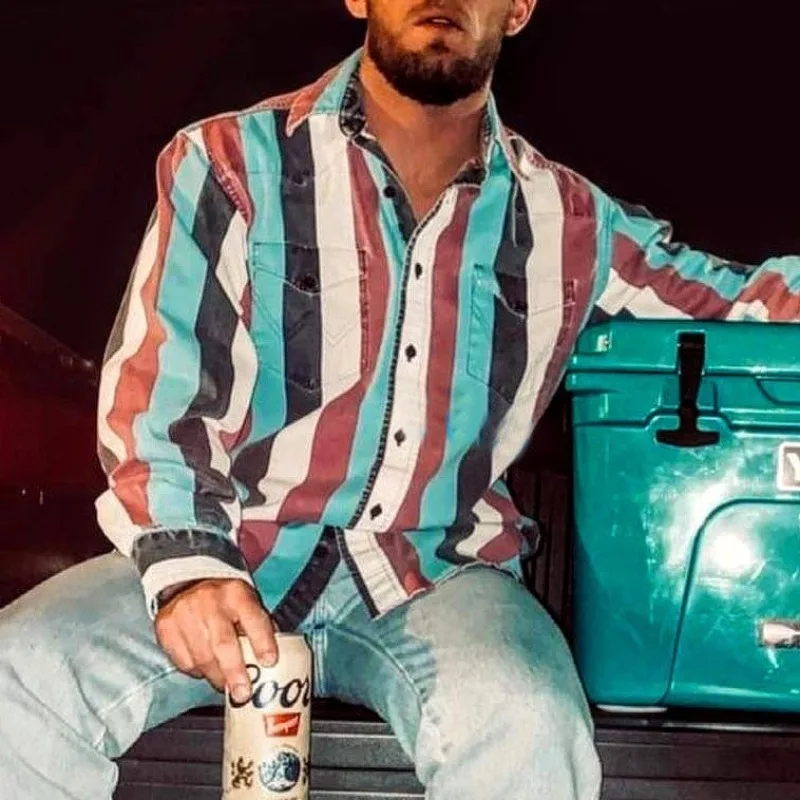 Men's 2025 Retro Print Loose Fit Long Sleeve Shirt Striped Casual Button Down Top for Daily Wear Spring Summer Fashion