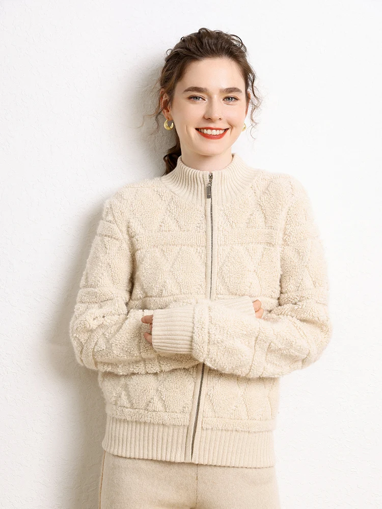 

Женский толстый кардиган с вышивкой на полотенце, осень-зима, однотонный свитер из 100% кашемира на молнии, повседневный свободный трикотаж, топы Grace