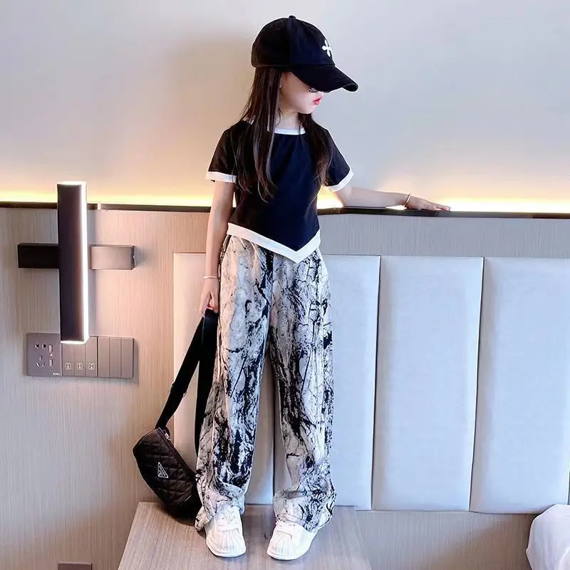 Fashion Girls Clothes Sets Summer Children Short Sleeve T-shirts + Loose Wide Leg Thin Pants 2PCS Kids Clothing 8 10 12 14 Year