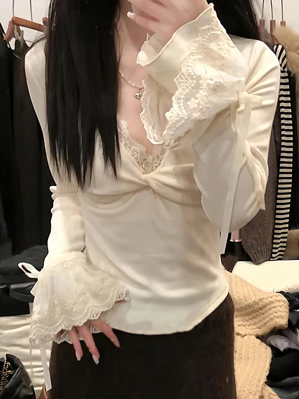 

Уникальная красивая кружевная футболка Long Sve, женская облегающая футболка, осень-зима, новый сексуальный универсальный облегающий топ