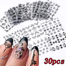 30Pcs/set Black Lace Retro Flower Nail Art Stickers 3D Vine Leaf Floral Nail Decals Self Adhesive Black Flowers Nail Decoration