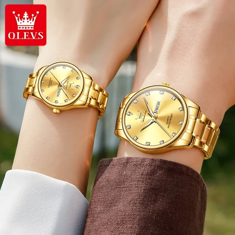 Olevs 3612 mode paar horloge luxe wijzerplaat quartz horloge heren dames roestvrijstalen band waterdicht liefhebbers wat