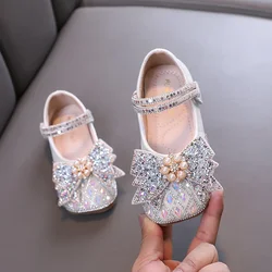 Spring Autumn Girl Princess Shoes Rhinestone Bowtie Kids Leather Shoe Fashion Causal Sequins Children Causal Wedding Flat Shoes