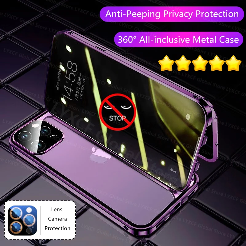 Double Glass Anti-Peep Privacy Magnetic Adsorption Case For iPhone 15 14 13 12 16 11 Pro Max With Camera Lens Protection Cover