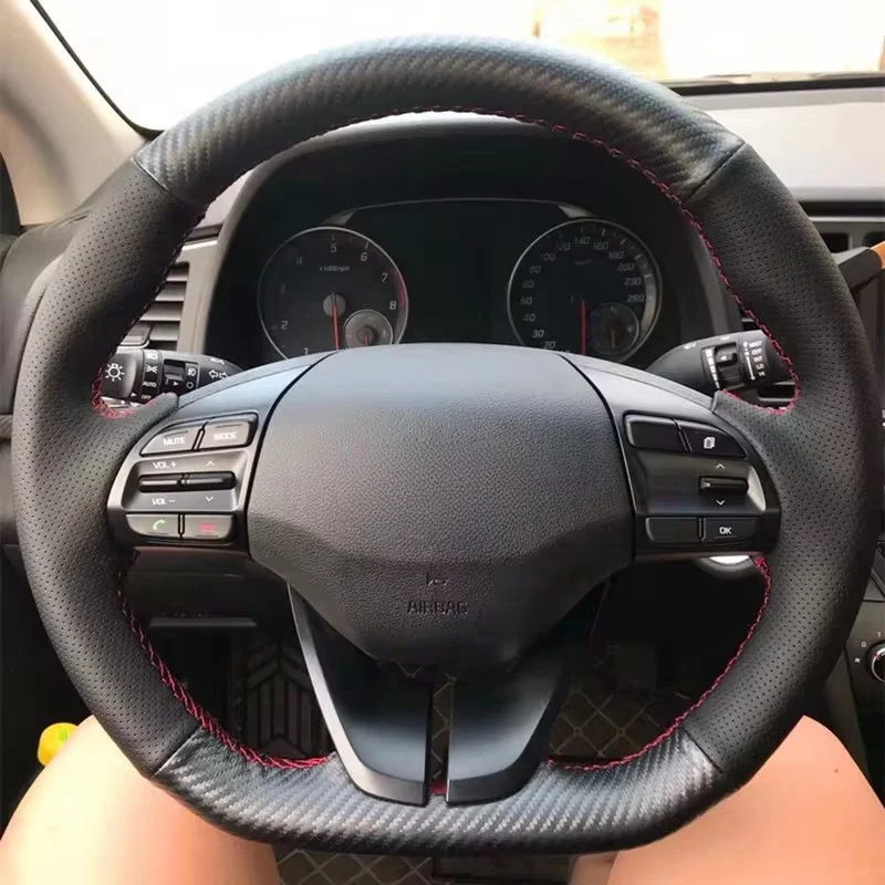 

For Hyundai Veloster Elantra i30 2017-2020 DIY Hand-sewing Black Carbon Fiber Genuine Leather Car Steering Wheel Cover