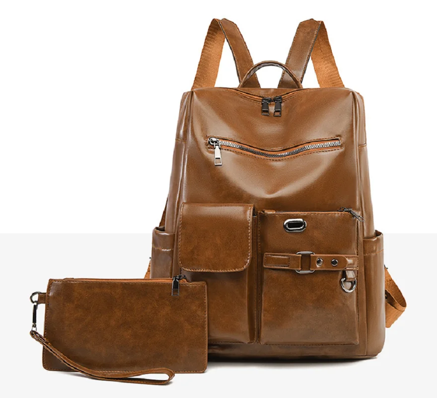 

2026 Korean New Fashion Soft Leather High Capacity Travel Backpacks Women's Vintage Shoulder Bags +Purse Notebook School Bag