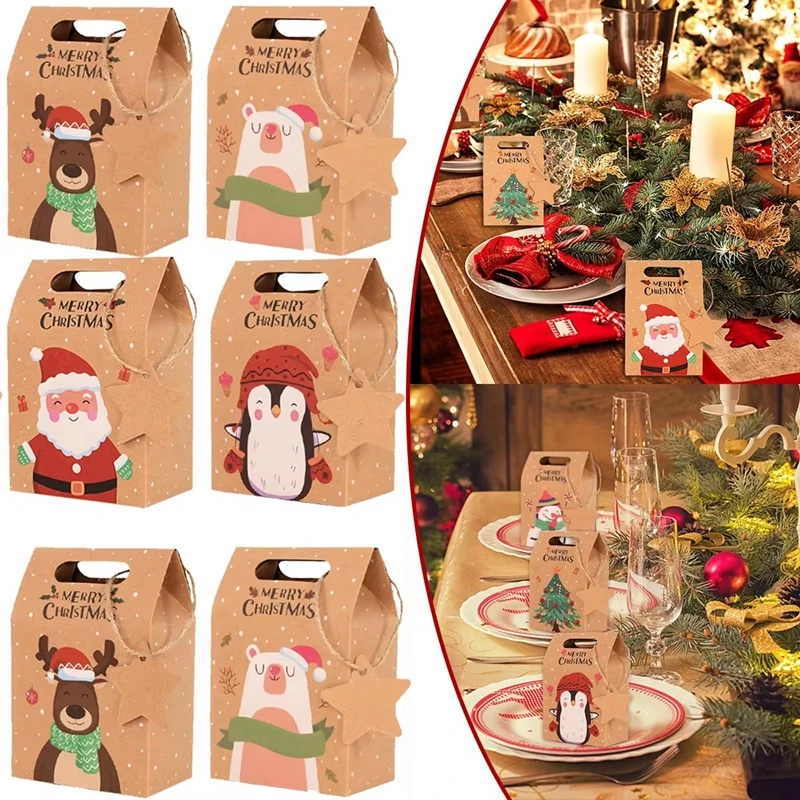 6/12/24Pcs Christmas Candy Gift Box with Tag Kraft Paper Cookie Snack Packing Bags 2024 Xmas Party Home Decoration New Year 2025