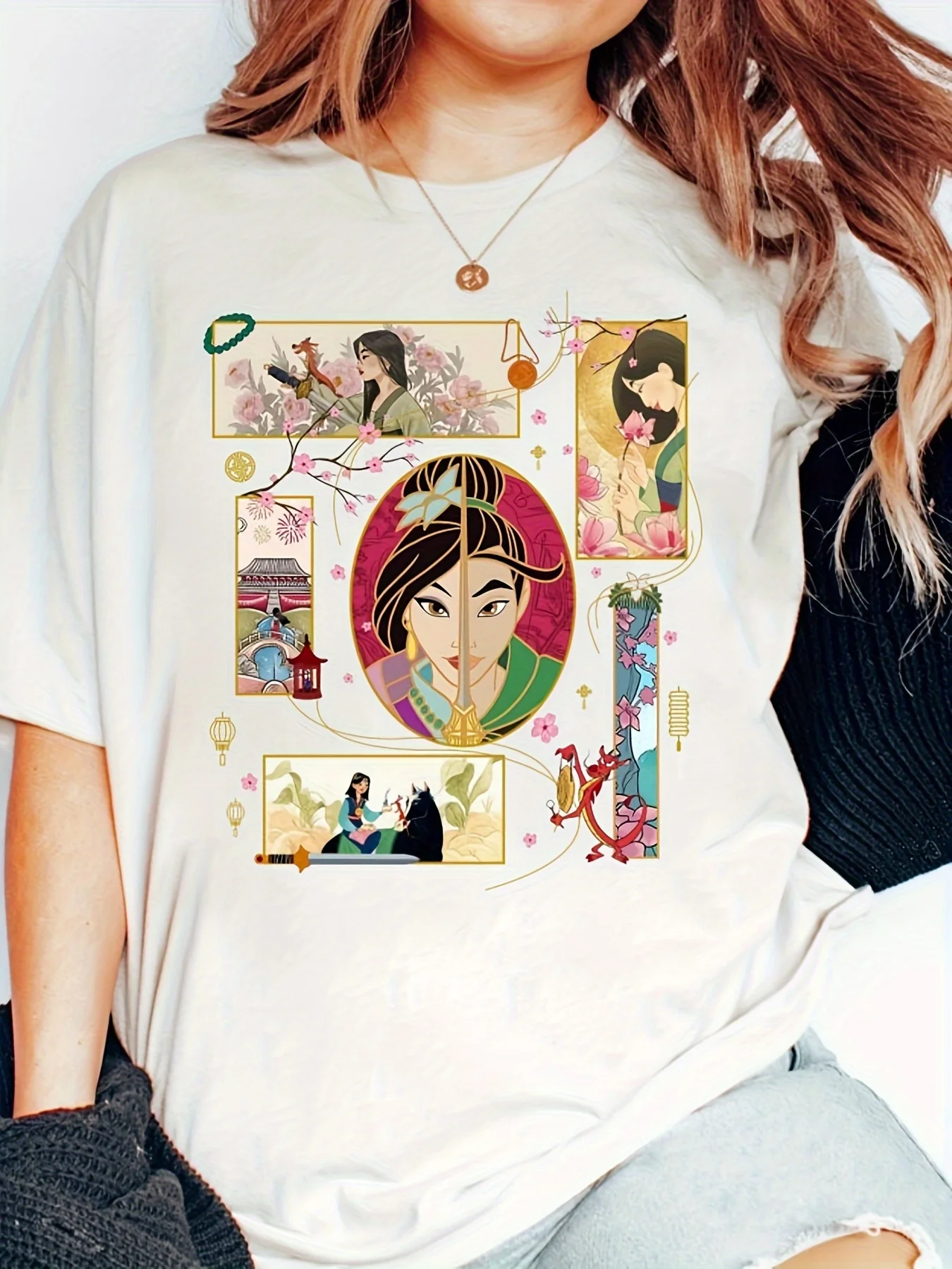 تي شيرت ديزني مولان مع الأميرة مولان والفطر والتنين - قميص كاجوال بأكمام قصيرة للرجال والنساء #1