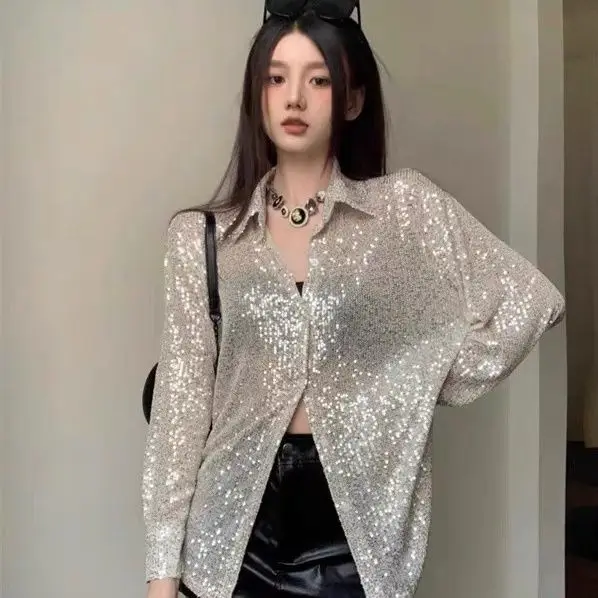 Fashion Youthful Woman Sequin Popular Clothes Korean Stylish Long Sleeved Cardigan Shirt 2000s Y2k Elegant Blouses Casual Tops