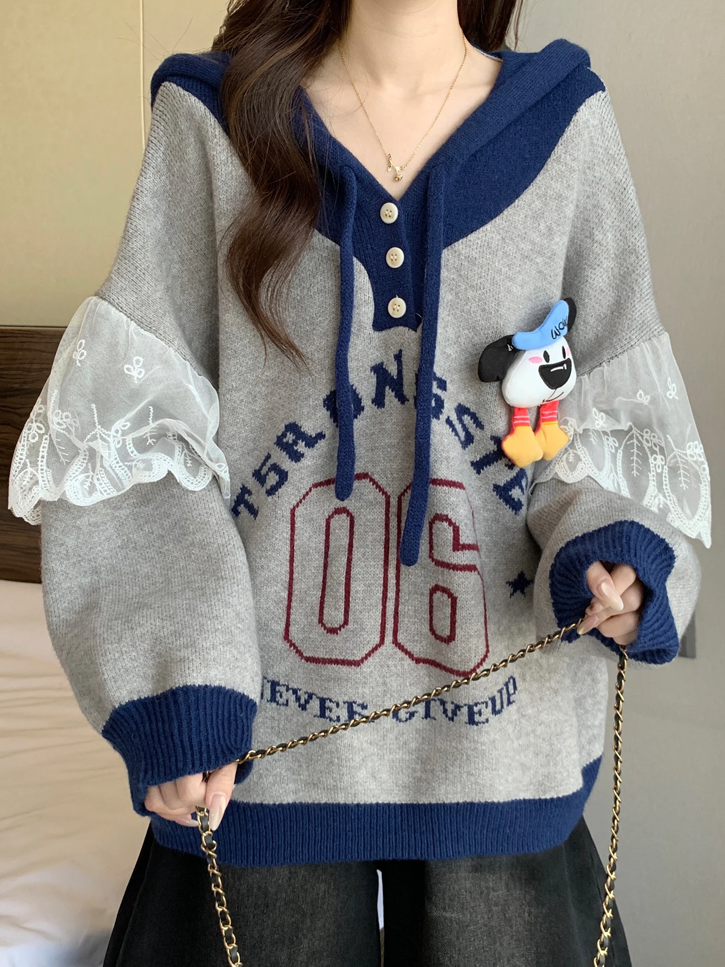 

Lace Patchwork Hooded Knitwear Outerwear Women's Autumn Winter plus Size Loose Lazy Sle Age Reduction Thiened Knitted Car...