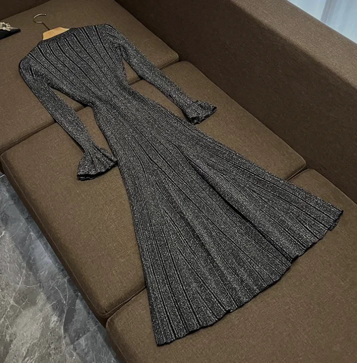 New Arrival 2024 Lady Solid Outwear V-neckline Long Sleeve Single-breasted Women Fit And Flare Knit Long Dress