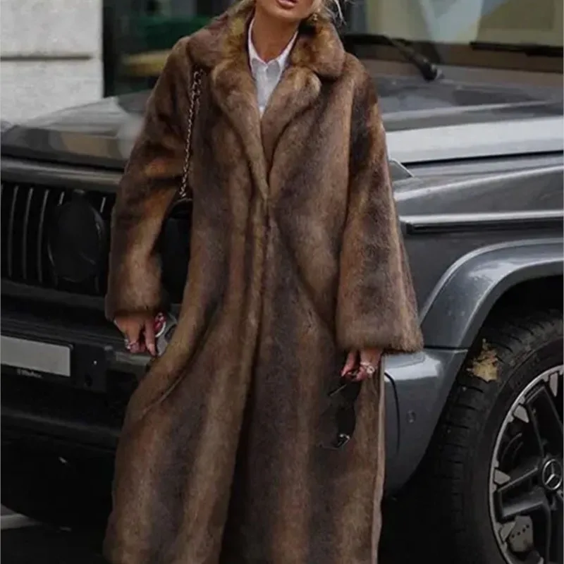 Abrigo de piel sintética de visón largo para mujer, abrigo cálido de invierno de piel sintética de felpa gruesa, chaqueta resistente al viento y al frío estilo callejero