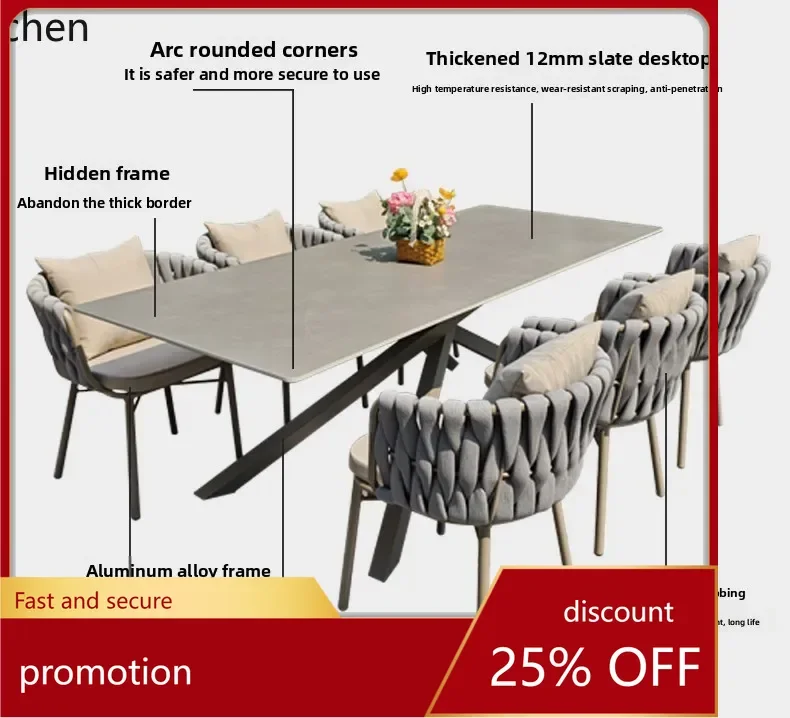 

ZMLOutdoor Table and Chairs Courtyard Open-Air Waterproof Sun-Proof Rattan Furniture Rock Plate Dining Table Rattan Chair