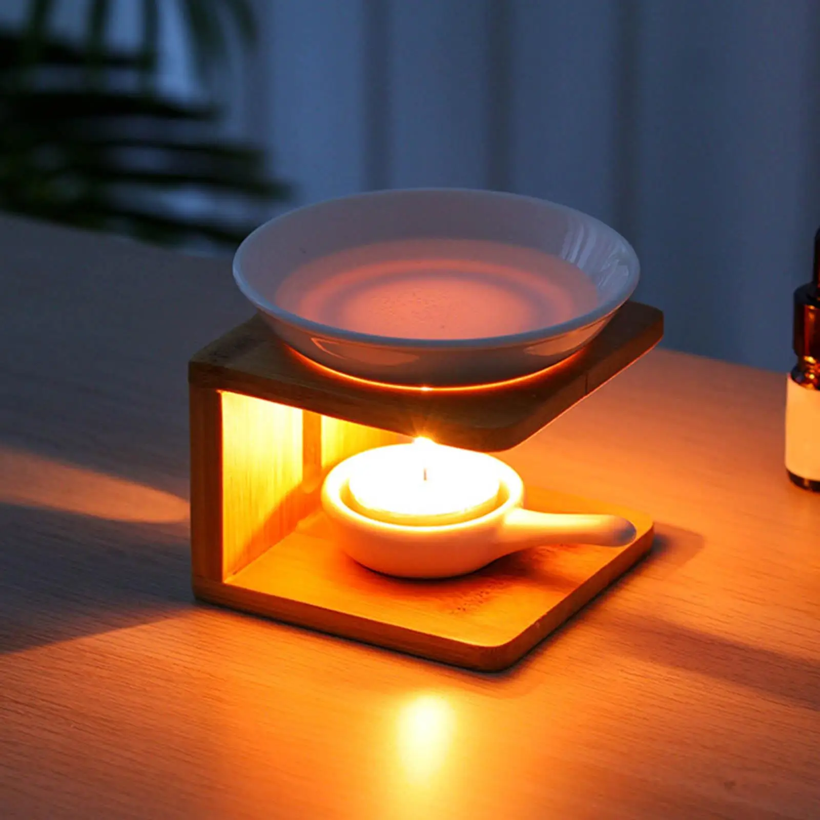 Wax Melt Burner Warmer Bamboo Ceramic Tealight Candle Holder Scented Oil Diffuser for Home