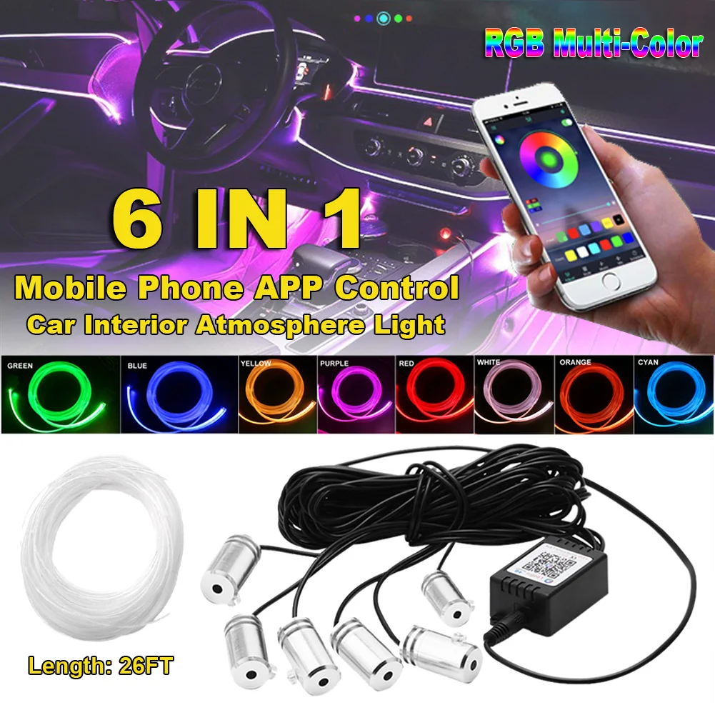 

Светодиодные ленты RGB, приложение для окружающего освещения, управление Bluetooth для салона автомобиля, атмосферная лампа, 8 цветов, сделай сам, музыка, 8 м, оптоволоконная лента