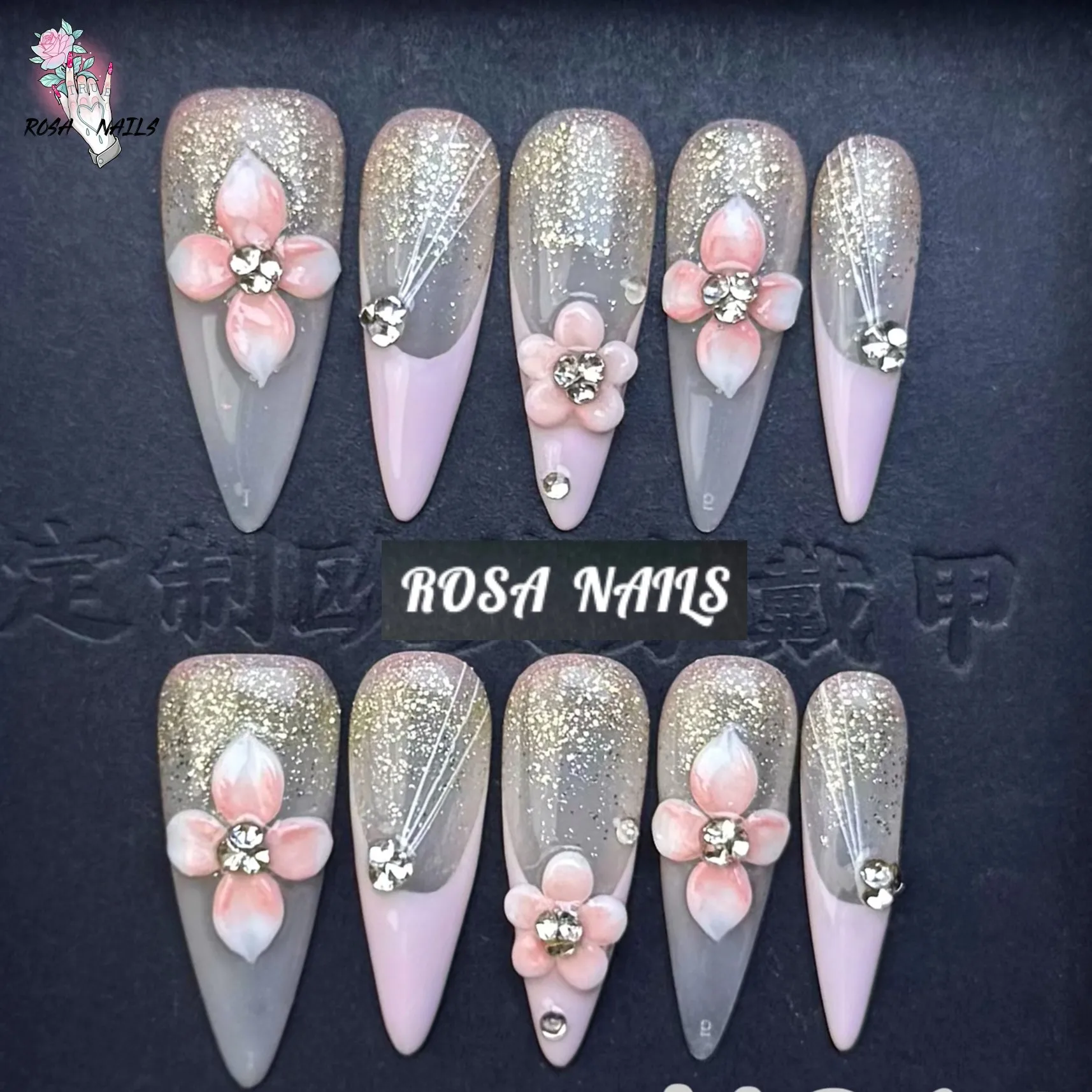 

10pcs Handmade Press On Nails 3D Flowers Long Stiletto Pink Flower False Nails Removable French Nail Art Tips Fake Nail Pressons