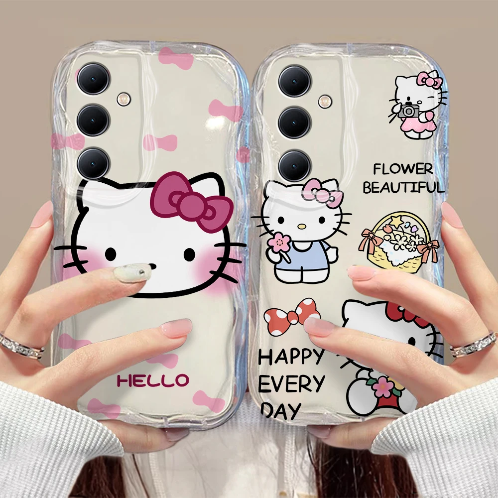 

Cute Anime Pink Hello Kitty 3D Wave Phone Case For Samsung Galaxy S24 S23 S21 S20 FE Plus Ultra 4G 5G Soft Silicone Back Cover