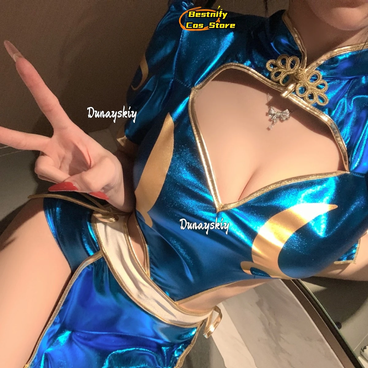 أزياء كوسبلاي جيمز تشون لي التأثيرية S-L فساتين شيونغسام الأزرق سبليت للنساء البالغات بدلة أغطية الرأس بدلة أنيمي للحفلات