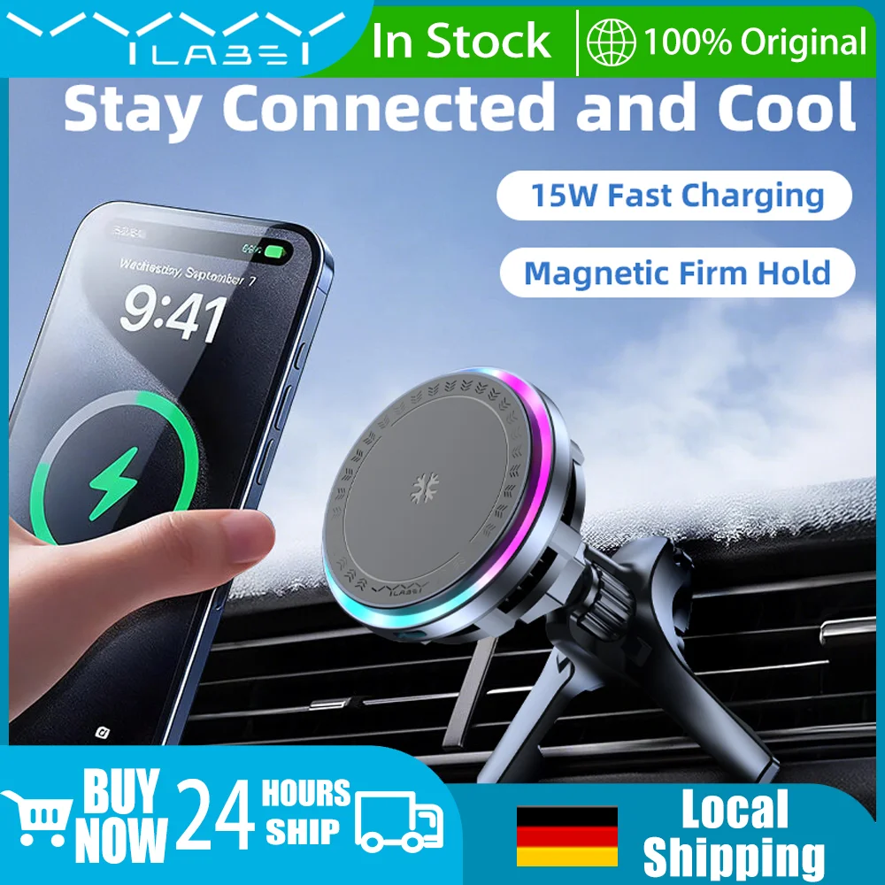 Magnetisches kabelloses Autoladegerät 15W RGB Handyhalterung Universal-Handyhalter mit Kühlung für iPhone 17/16/15/14/13/12 Pro Max und Samsung und alle kabellosen Android-Handys