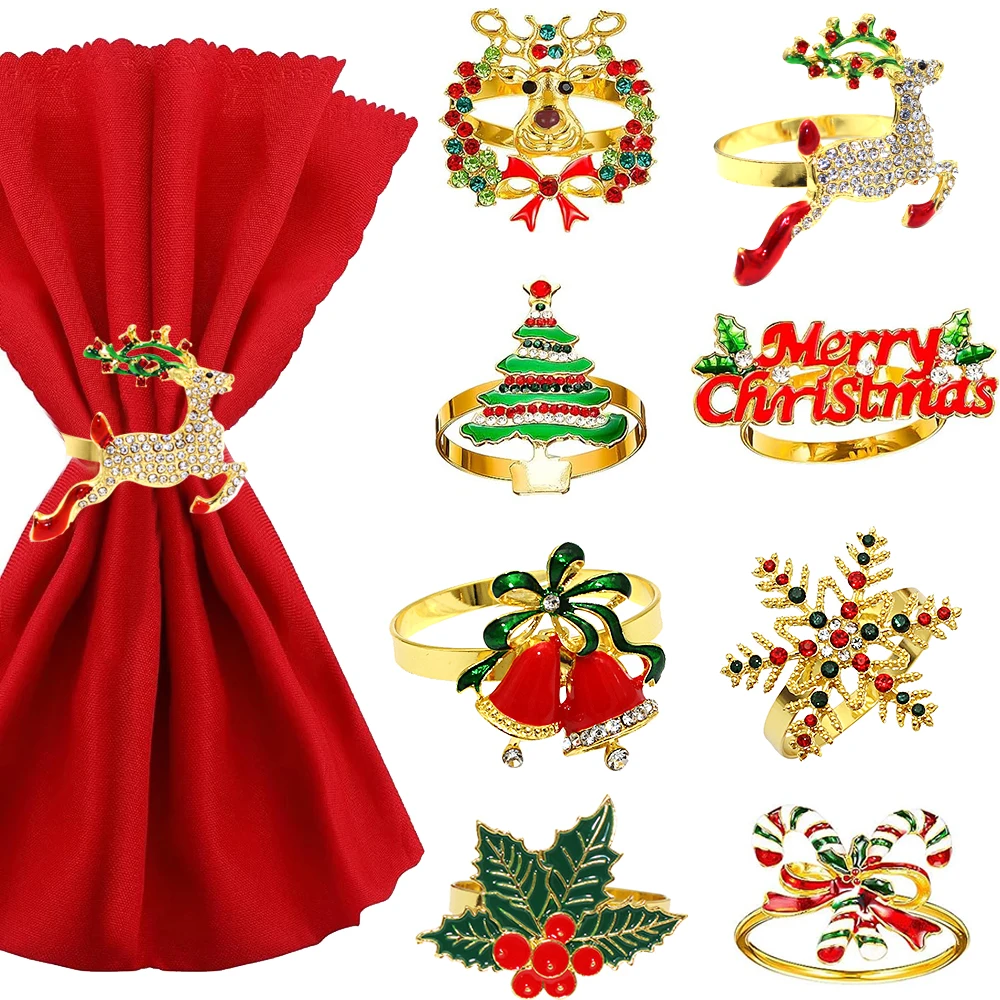 6Pcs Christmas Napkin Rings Set Snowflake Xmas Tree Holly Leaf Reindeer Napkin Holders for Holiday Christmas Party Table Decor