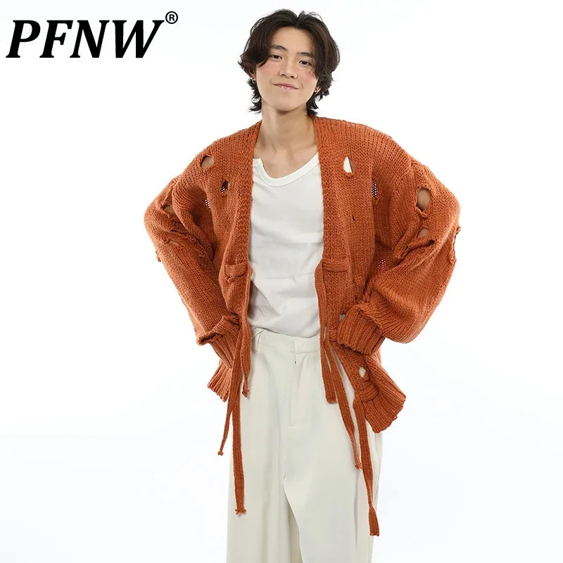 PFNW Korean Art Destruction Hole Cardigan Sweater New Lazy Style Lace-up Loose Casual Knitted 2024 Autumn Tops Trendy 28W4236