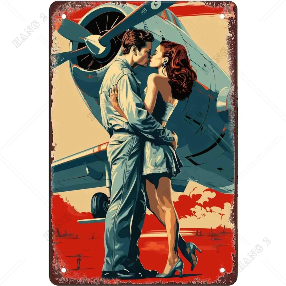 The Newlyweds Kissing Next To The Plane Funny Tin Sign Bar Pub Diner Cafe Wall Decoration Home Art Retro Iron Poster Painting